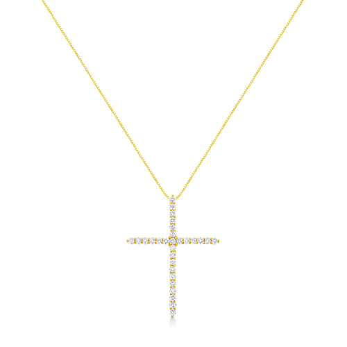 10K Yellow Gold Plated .925 Sterling Silver 3.0 Cttw Prong-Set Round Brilliant Cut Diamond Cross 18" Pendant Necklace (J-K Color, I1-I2 Clarity)