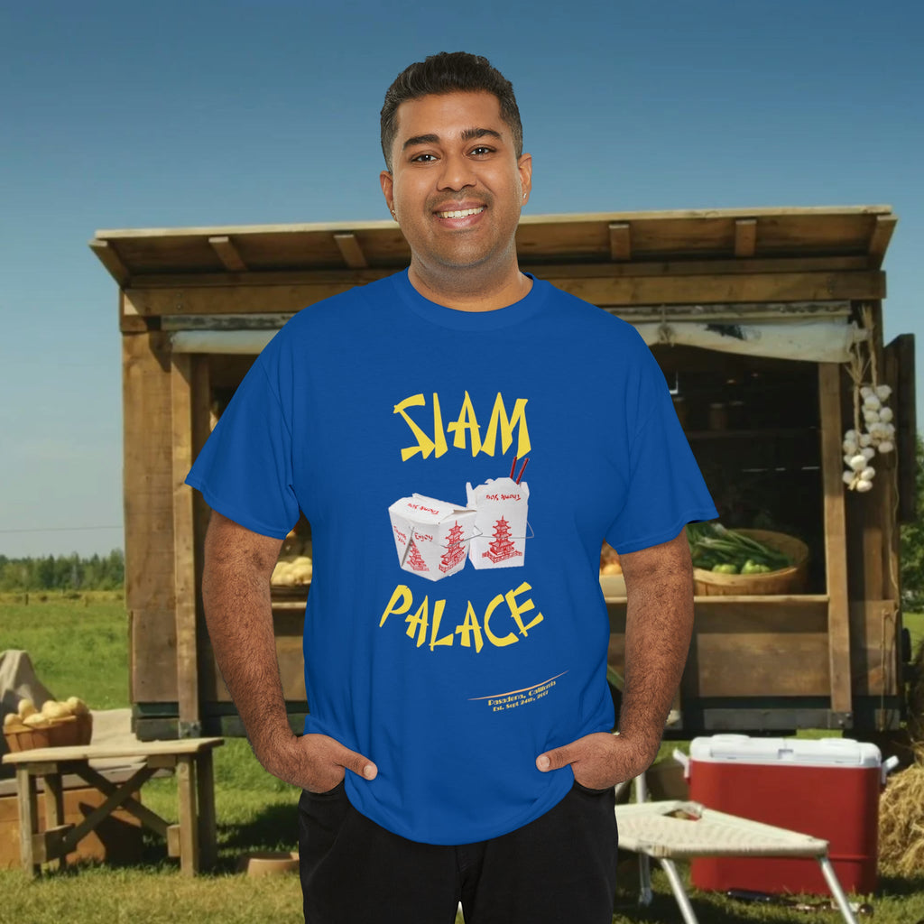 "DirkyThreadz Siam Palace T-Shirt – Mutiges Take-out-Grafikdesign aus schwarzer Baumwolle"