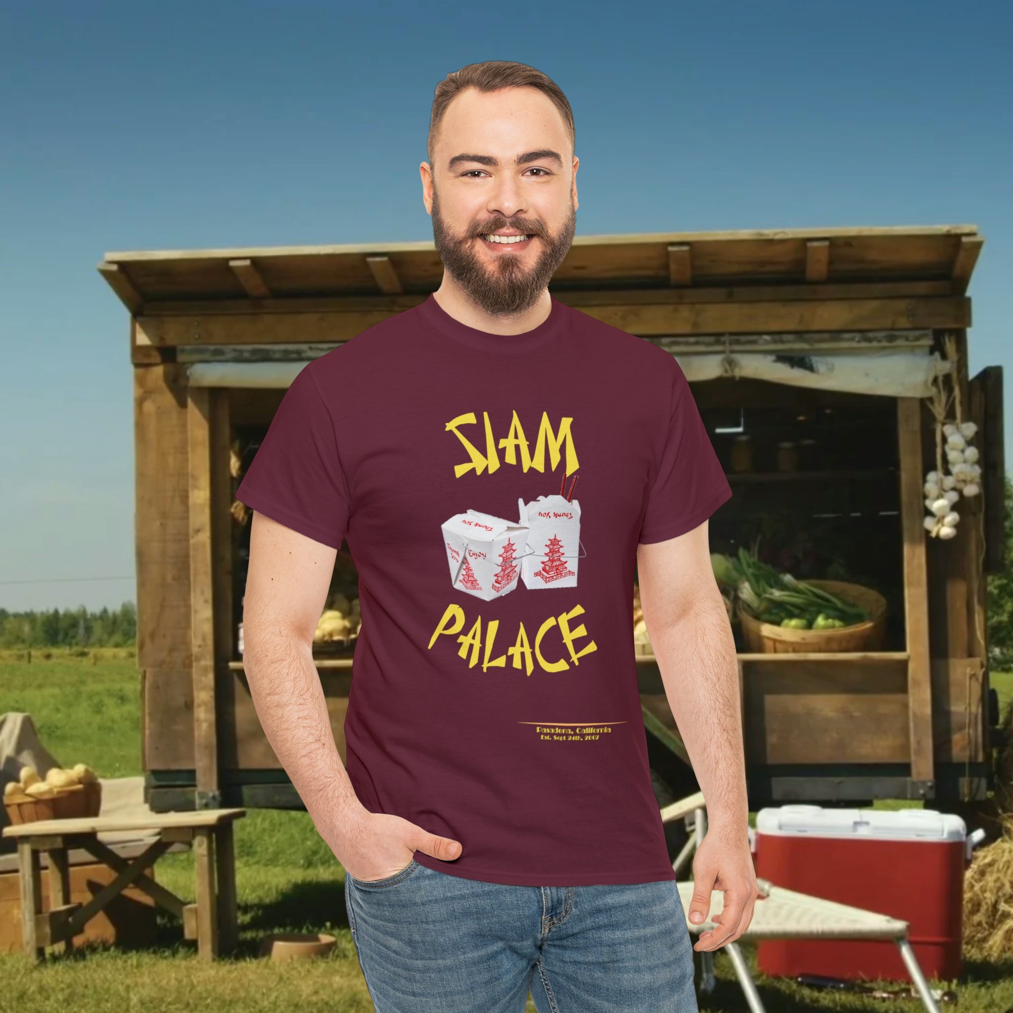 "DirkyThreadz Siam Palace T-Shirt – Mutiges Take-out-Grafikdesign aus schwarzer Baumwolle"
