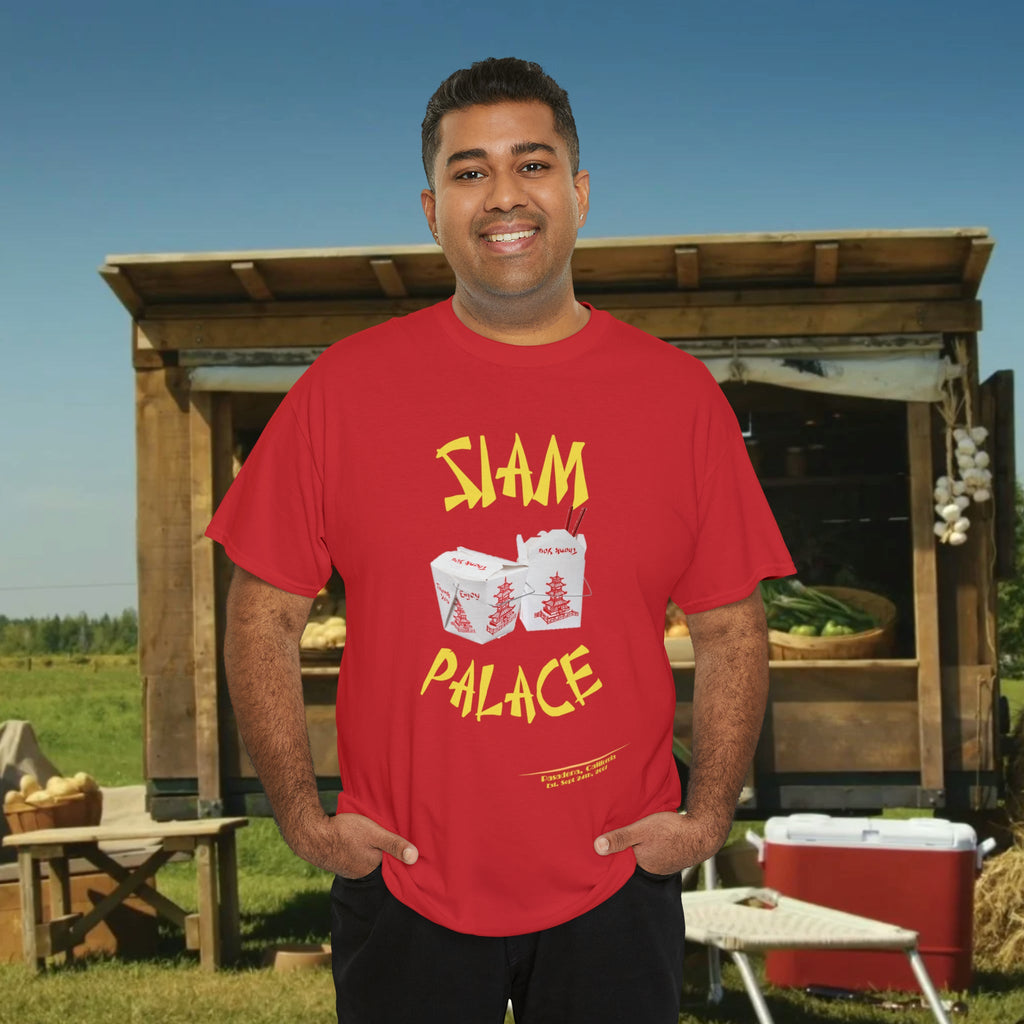 "DirkyThreadz Siam Palace T-Shirt – Mutiges Take-out-Grafikdesign aus schwarzer Baumwolle"
