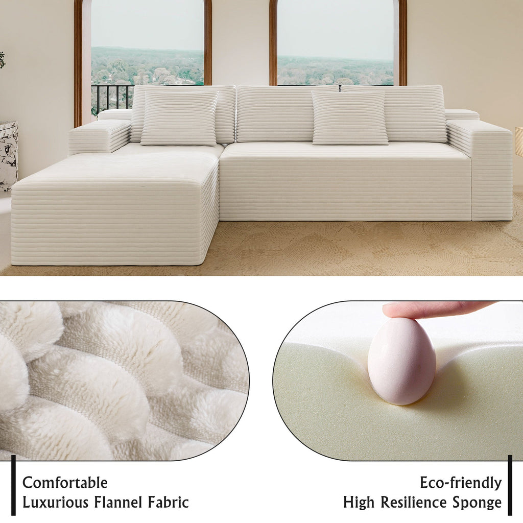104.3*68.9"Modular sectional sofa seat,Upholstered compressed couch for living room,Bedroom,Apartment,No assembly required,2PC free combination,Plush corduroy fabric,WHITE