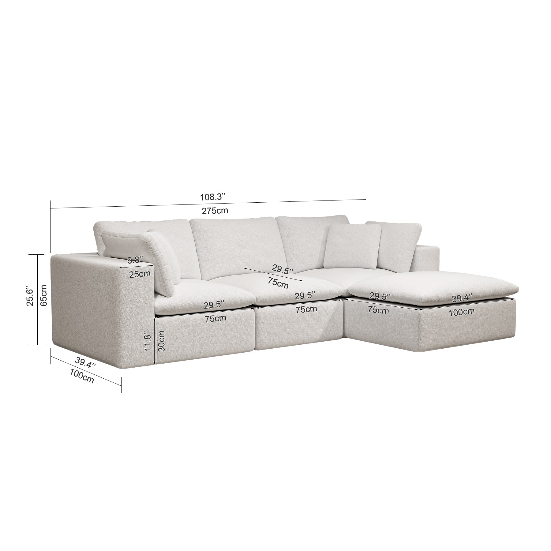 108.3*68.9"Modular sectional sofa seat,Upholstered compressed couch for living room,Bedroom,Apartment,No assembly required,4PC free combination,Plush corduroy fabric,WHITE