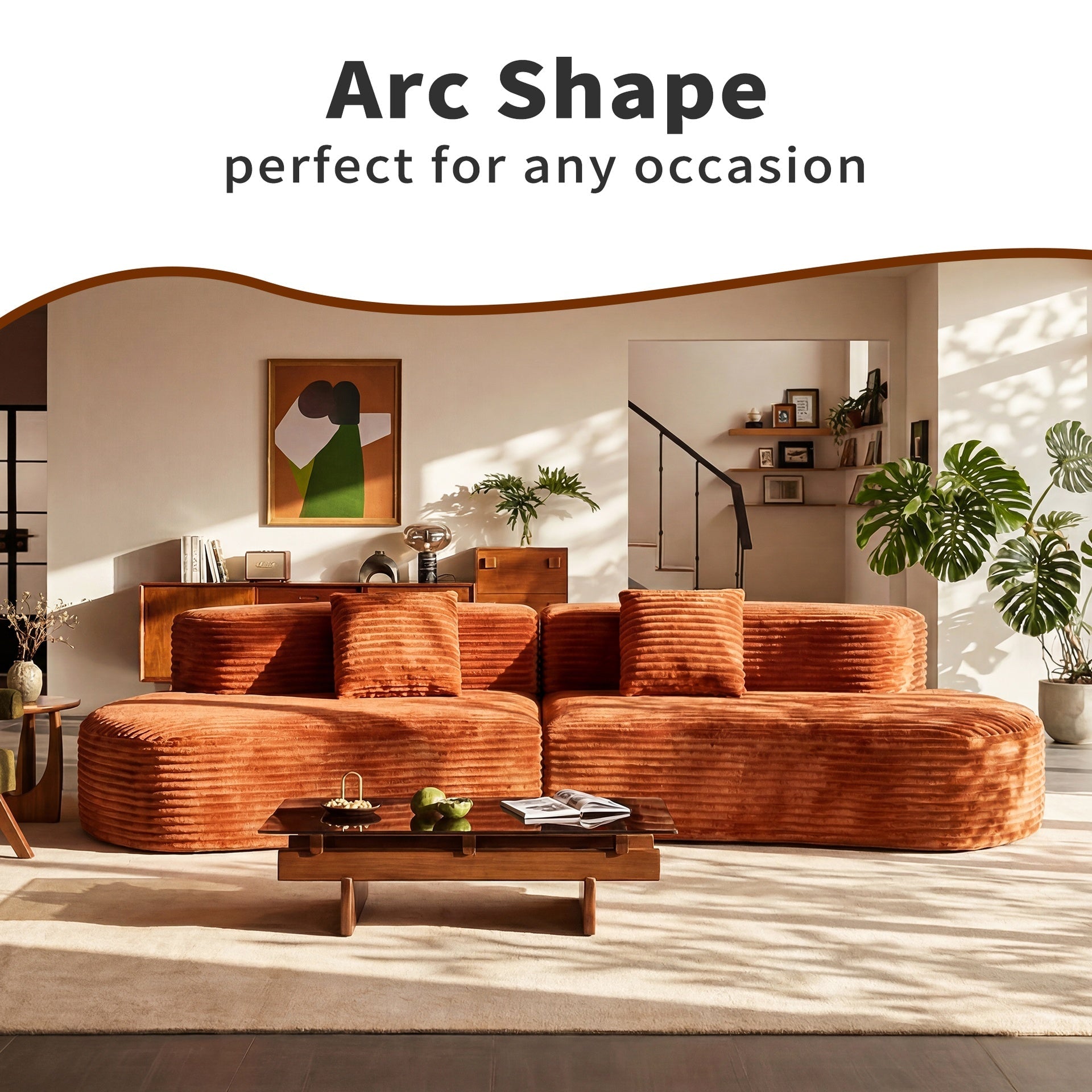108.6-inch curved combination sofa with a modern cloud pattern design, made without a frame using compression technology, comes with two pillows and is ideal for living rooms or offices.