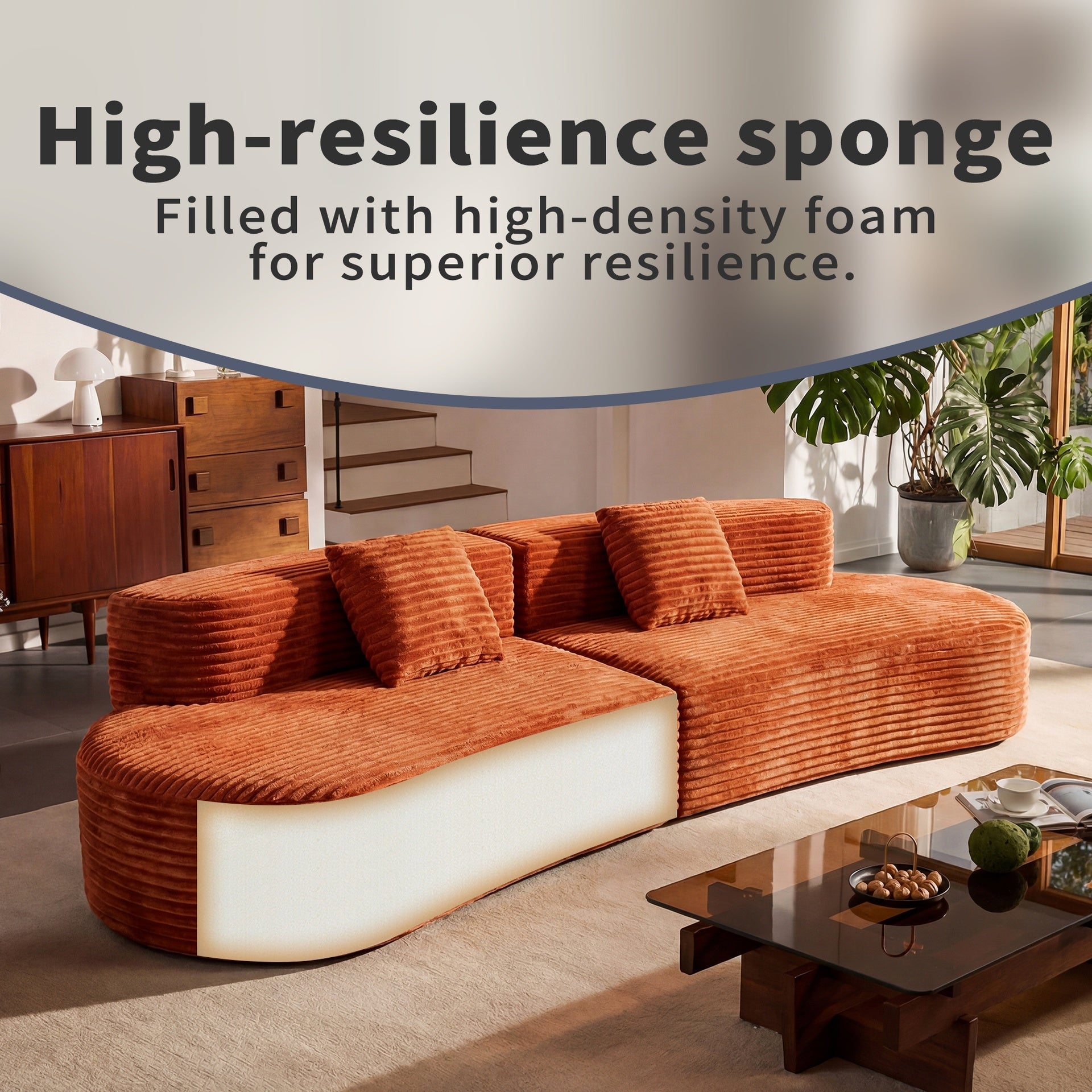 108.6-inch curved combination sofa with a modern cloud pattern design, made without a frame using compression technology, comes with two pillows and is ideal for living rooms or offices.