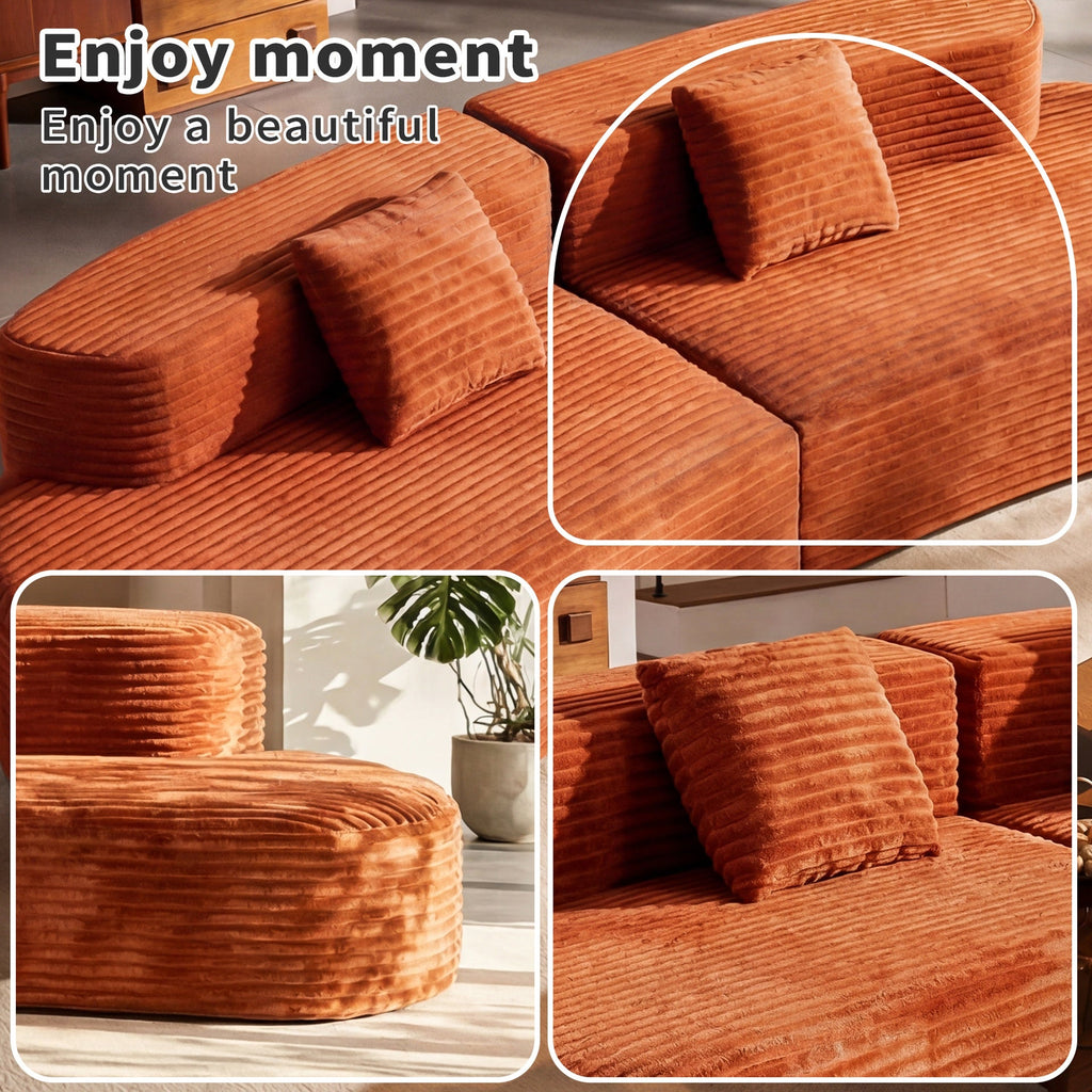 108.6-inch curved combination sofa with a modern cloud pattern design, made without a frame using compression technology, comes with two pillows and is ideal for living rooms or offices.