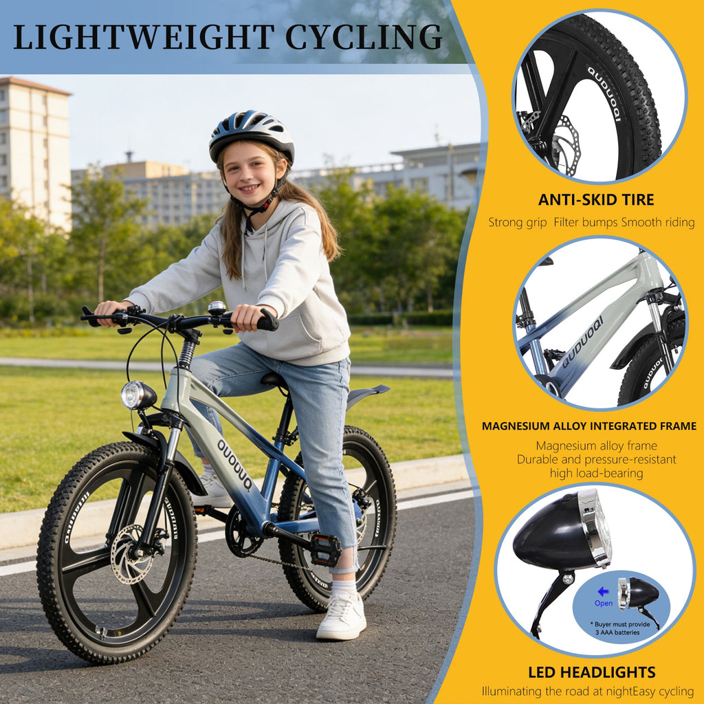 FKZNPJ 20 Inch Kids Mountain Bike, 7-Speed Youth Bicycle with Magnesium Alloy Frame & One-Piece Wheels, Lightweight Kids Bike for Boys and Girls Ages 8–12