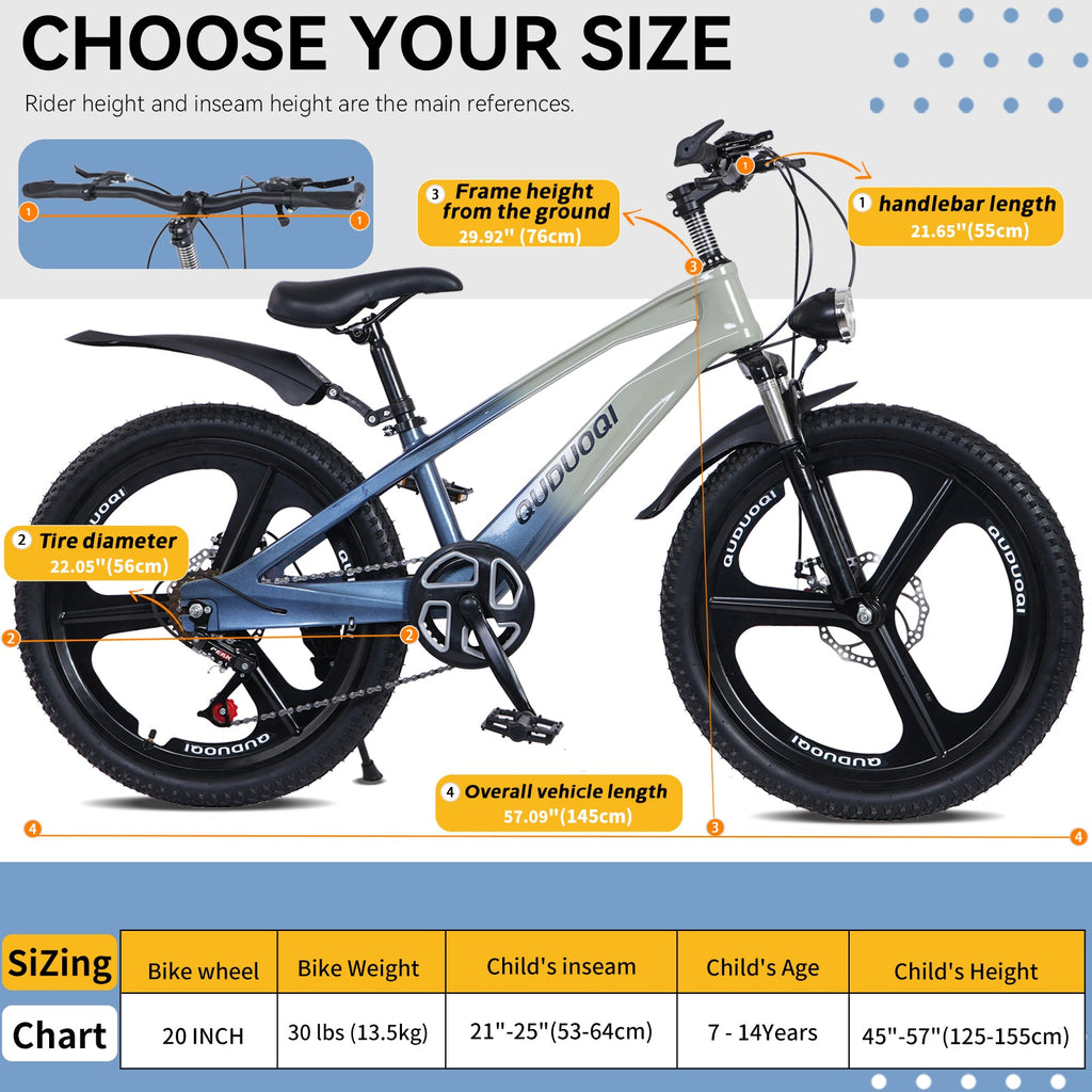 FKZNPJ 20 Inch Kids Mountain Bike, 7-Speed Youth Bicycle with Magnesium Alloy Frame & One-Piece Wheels, Lightweight Kids Bike for Boys and Girls Ages 8–12