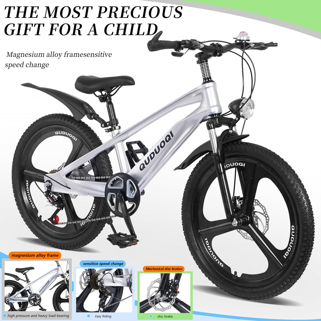 FKZNPJ 20 Inch Kids Mountain Bike, 7-Speed Youth Bicycle with Magnesium Alloy Frame & One-Piece Wheels, Lightweight Kids Bike for Boys and Girls Ages 8–12