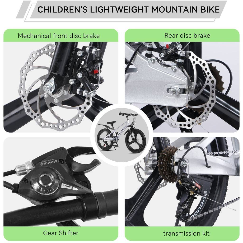 FKZNPJ 20 Inch Kids Mountain Bike, 7-Speed Youth Bicycle with Magnesium Alloy Frame & One-Piece Wheels, Lightweight Kids Bike for Boys and Girls Ages 8–12