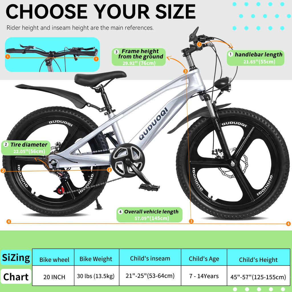FKZNPJ 20 Inch Kids Mountain Bike, 7-Speed Youth Bicycle with Magnesium Alloy Frame & One-Piece Wheels, Lightweight Kids Bike for Boys and Girls Ages 8–12