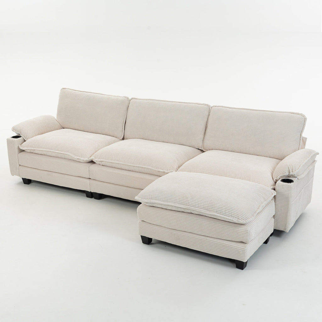 113" Modern 3+1 L-Shaped Corduroy Fabric Sofa,Modular Sectional Cloud Couch W/Ottoman,35D High-resilience Sponge&Double-layer Thick Cushion,Cup Holders,Storage Bags,Couches For Living Room,Apartment.