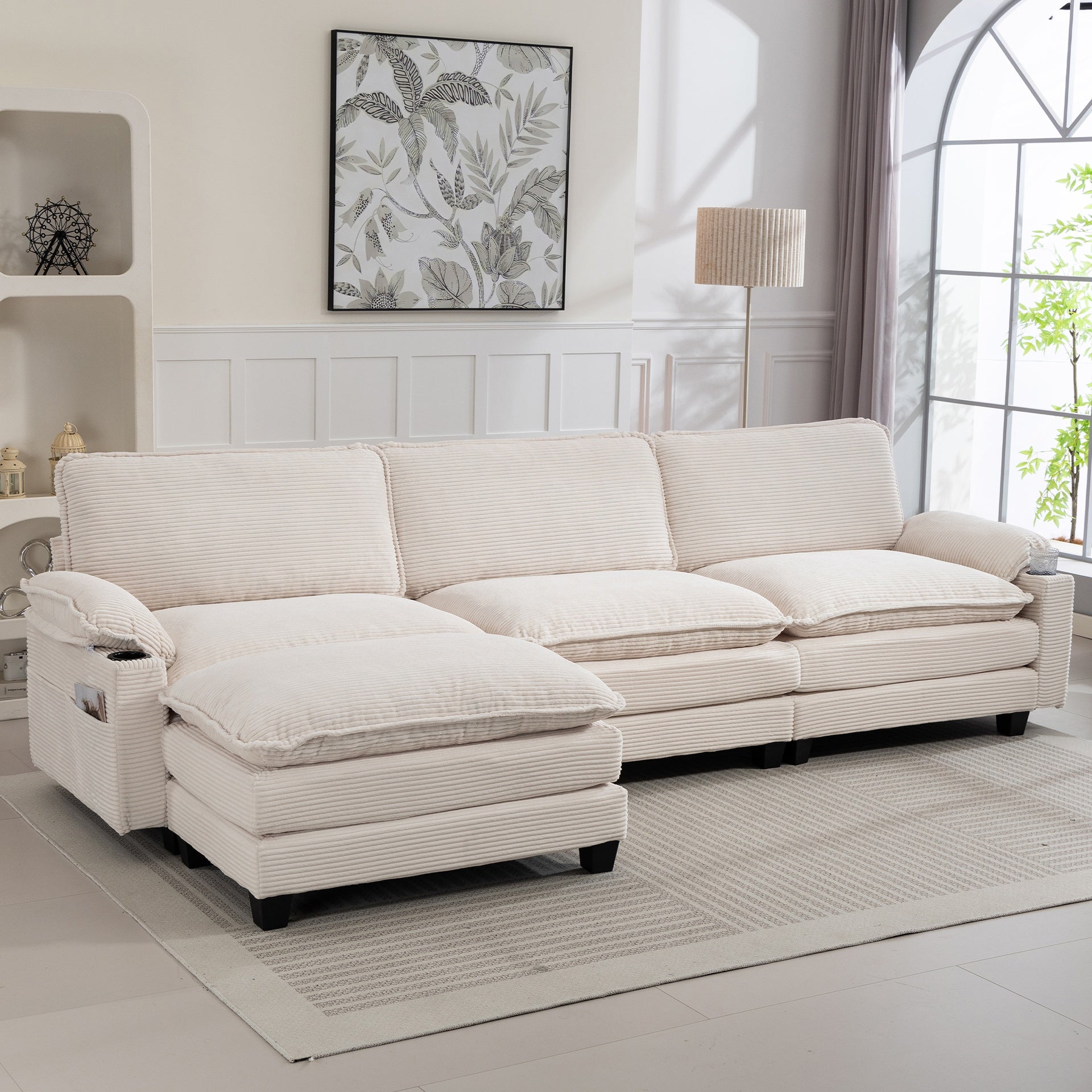 113" Modern 3+1 L-Shaped Corduroy Fabric Sofa,Modular Sectional Cloud Couch W/Ottoman,35D High-resilience Sponge&Double-layer Thick Cushion,Cup Holders,Storage Bags,Couches For Living Room,Apartment.