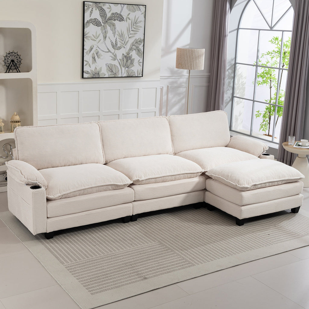 113" Modern 3+1 L-Shaped Corduroy Fabric Sofa,Modular Sectional Cloud Couch W/Ottoman,35D High-resilience Sponge&Double-layer Thick Cushion,Cup Holders,Storage Bags,Couches For Living Room,Apartment.