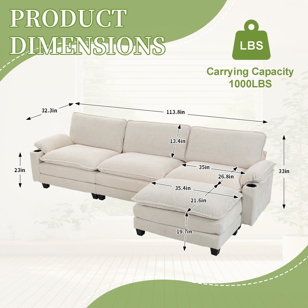 113" Modern 3+1 L-Shaped Corduroy Fabric Sofa,Modular Sectional Cloud Couch W/Ottoman,35D High-resilience Sponge&Double-layer Thick Cushion,Cup Holders,Storage Bags,Couches For Living Room,Apartment.