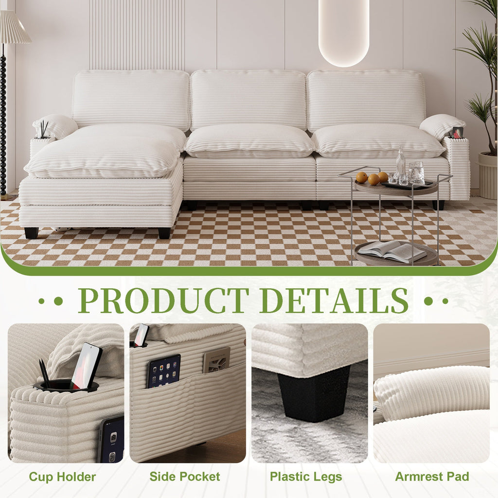 113" Modern 3+1 L-Shaped Corduroy Fabric Sofa,Modular Sectional Cloud Couch W/Ottoman,35D High-resilience Sponge&Double-layer Thick Cushion,Cup Holders,Storage Bags,Couches For Living Room,Apartment.
