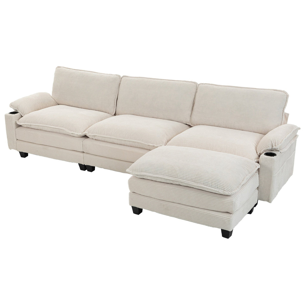 113" Modern 3+1 L-Shaped Corduroy Fabric Sofa,Modular Sectional Cloud Couch W/Ottoman,35D High-resilience Sponge&Double-layer Thick Cushion,Cup Holders,Storage Bags,Couches For Living Room,Apartment.