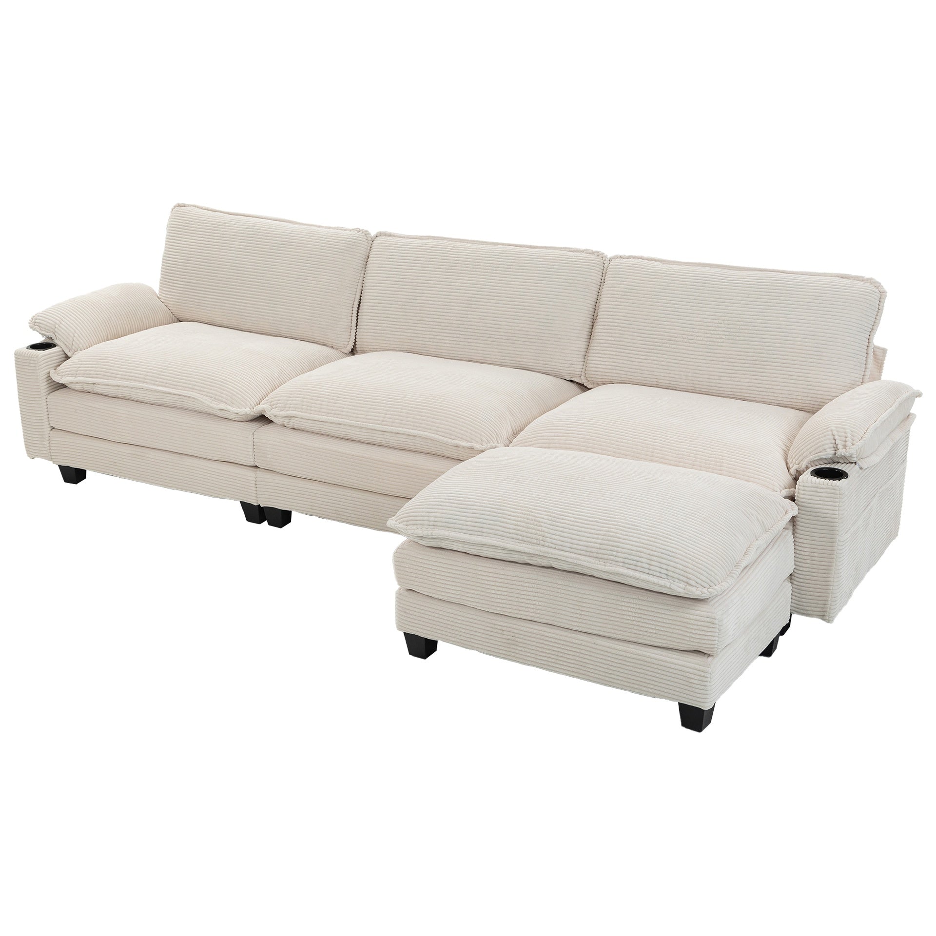 113" Modern 3+1 L-Shaped Corduroy Fabric Sofa,Modular Sectional Cloud Couch W/Ottoman,35D High-resilience Sponge&Double-layer Thick Cushion,Cup Holders,Storage Bags,Couches For Living Room,Apartment.