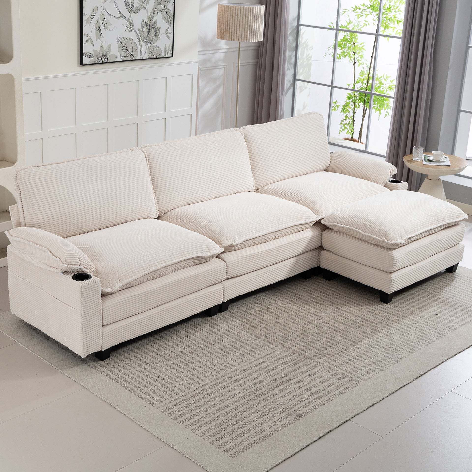 113" Modern 3+1 L-Shaped Corduroy Fabric Sofa,Modular Sectional Cloud Couch W/Ottoman,35D High-resilience Sponge&Double-layer Thick Cushion,Cup Holders,Storage Bags,Couches For Living Room,Apartment.