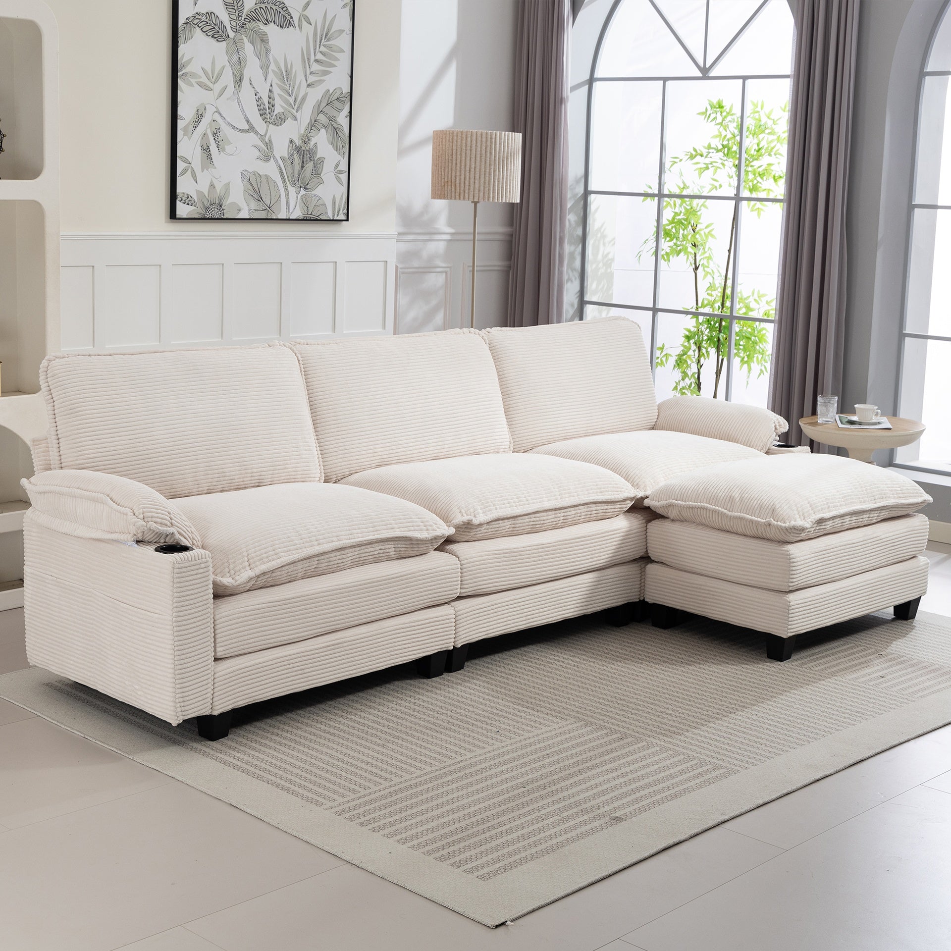113" Modern 3+1 L-Shaped Corduroy Fabric Sofa,Modular Sectional Cloud Couch W/Ottoman,35D High-resilience Sponge&Double-layer Thick Cushion,Cup Holders,Storage Bags,Couches For Living Room,Apartment.