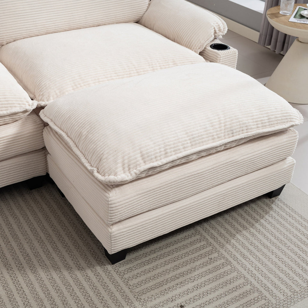 113" Modern 3+1 L-Shaped Corduroy Fabric Sofa,Modular Sectional Cloud Couch W/Ottoman,35D High-resilience Sponge&Double-layer Thick Cushion,Cup Holders,Storage Bags,Couches For Living Room,Apartment.