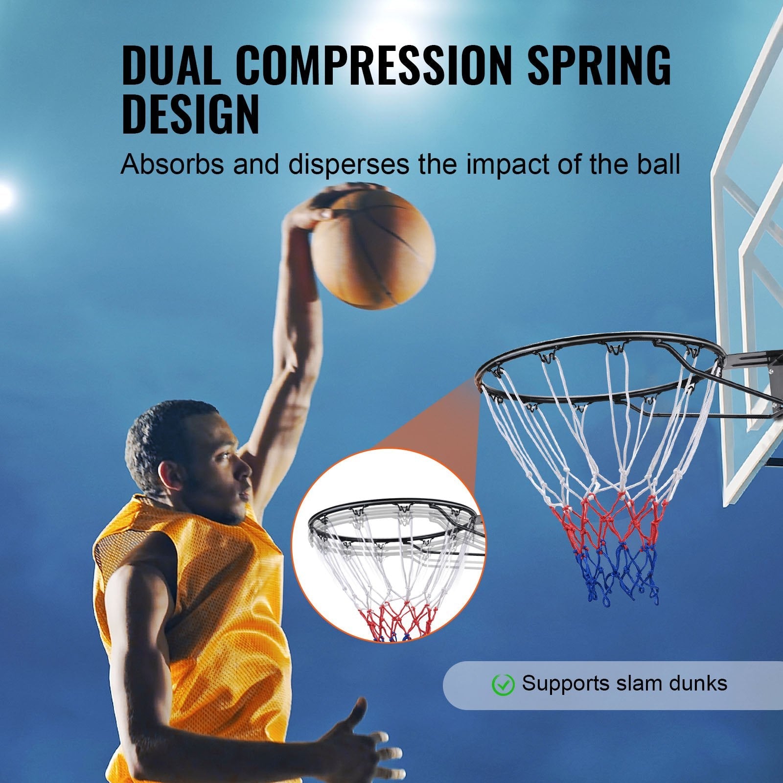 Basketball Rim, Wall Door Mounted Basketball Hoop, Heavy Duty Q235 Basketball Flex Rim Goal Replacement with Net and Double Spring, Standard 18" Indoor Outdoor Hanging Hoop for Kids Adults