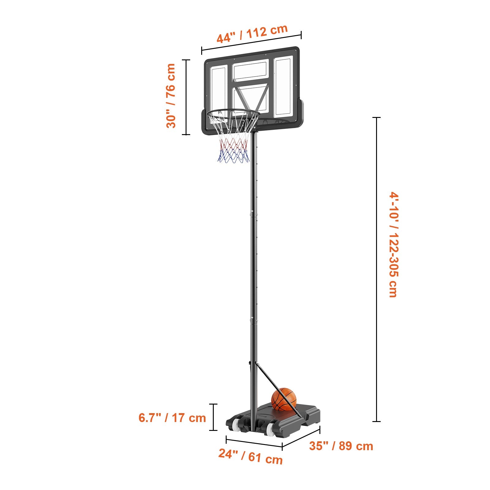 Basketball Hoop, 4-10 ft Adjustable Height Portable Backboard System, 44 inch Basketball Hoop & Goal, Kids & Adults Basketball Set with Wheels, Stand, and Fillable Base, for Outdoor/Indoor