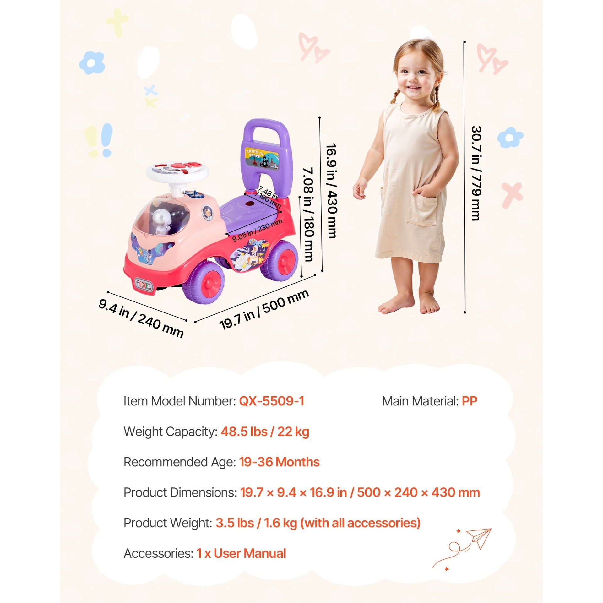 Ride On Toddler Push Car, Push Car for Toddler 19 to 36 Months, Kids Ride On Toy with Horn & Music, 48.5 lbs Load Capacity, Under-seat Storage, Foot-to-Floor Walker for Toddlers Boys Girls, Pink