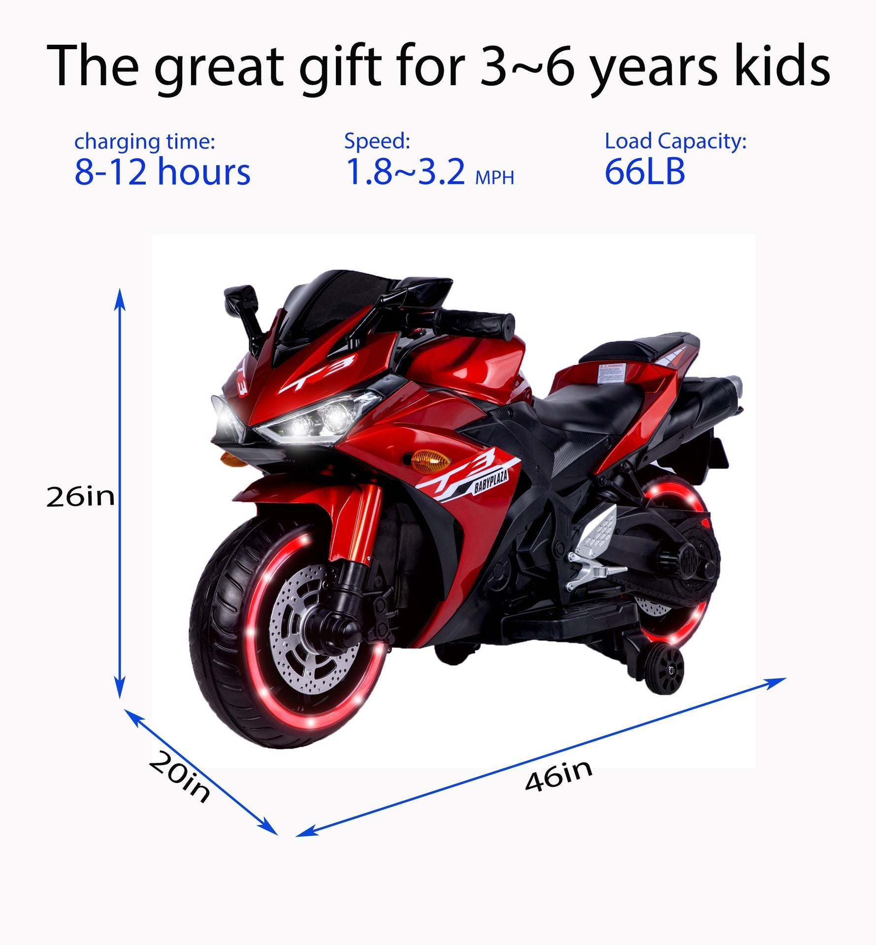 Kids Motorcycle 12 V Motorcycle For Kids 3-8 Years Boys Girls,Kids Motorcycle Ride On Toy With Training  Wheels/Manual Throttle/ Drive By Hand /Lighting  Wheels