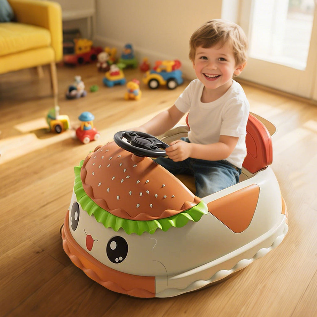 12V Kids Ride On Electric Bumper Car W/Parents Control,Cute&Realistic Hamburger Design,360 Degree Rotation,Storing Space,Bluetooth,Music,USB,Silent wheel,LED Lights,Power Display,Anti-rollover For 2-5