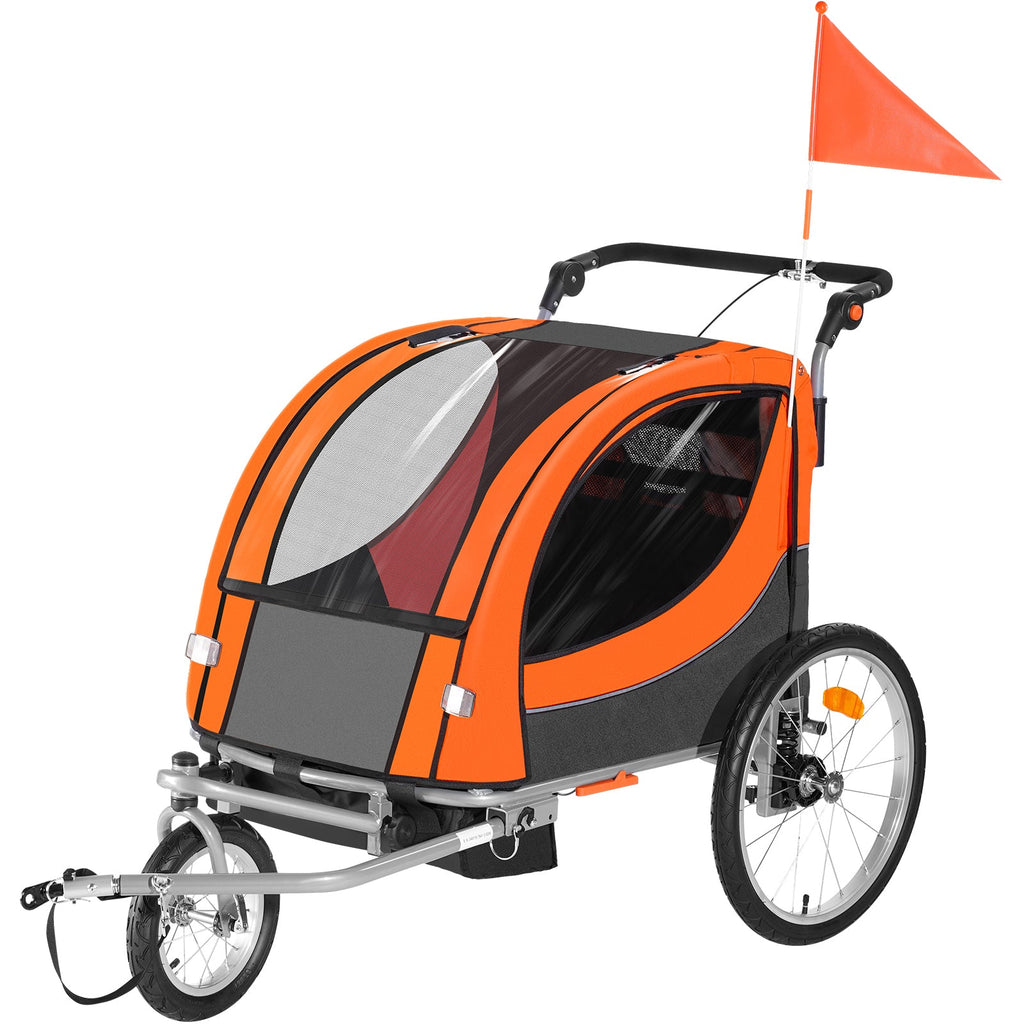 Bike Trailer for Toddlers, Kids, Double Seat, 100 lbs Load, 2-In-1 Canopy Carrier Converts to Stroller, Tow Behind Foldable Child Bicycle Trailer with Universal Bicycle Coupler, Orange and Gray
