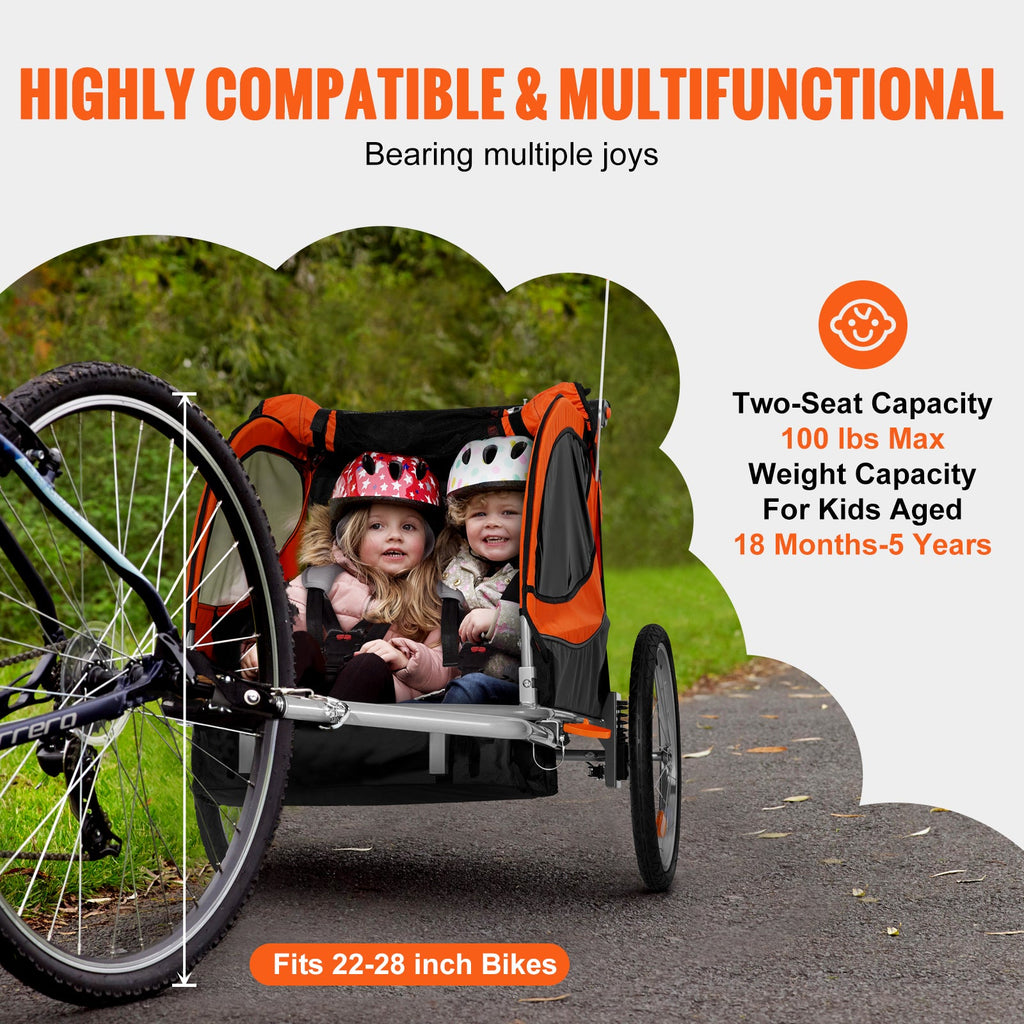 Bike Trailer for Toddlers, Kids, Double Seat, 100 lbs Load, 2-In-1 Canopy Carrier Converts to Stroller, Tow Behind Foldable Child Bicycle Trailer with Universal Bicycle Coupler, Orange and Gray