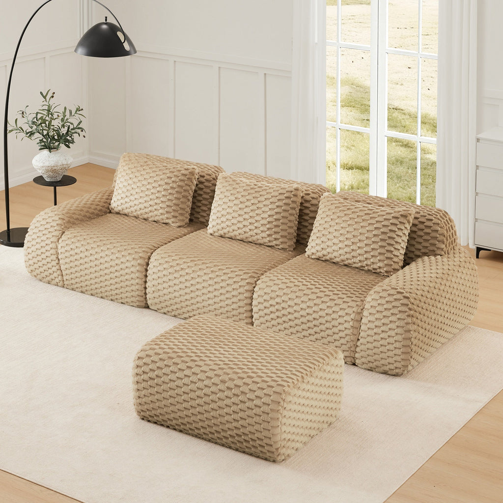 114" Modern L-Shaped Modular Sectional Sofa for Living Room,Flannelette Fabric,Oversized 3-Seater Couch,boneless sofa ,Movable Ottoman,Buckle connection,Anti-slip Design,No Assembly,Light Camel