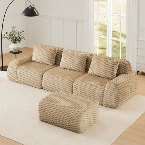 114" Modern L-Shaped Modular Sectional Sofa for Living Room,Flannelette Fabric,Oversized 3-Seater Couch,boneless sofa ,Movable Ottoman,Buckle connection,Anti-slip Design,No Assembly,Light Camel