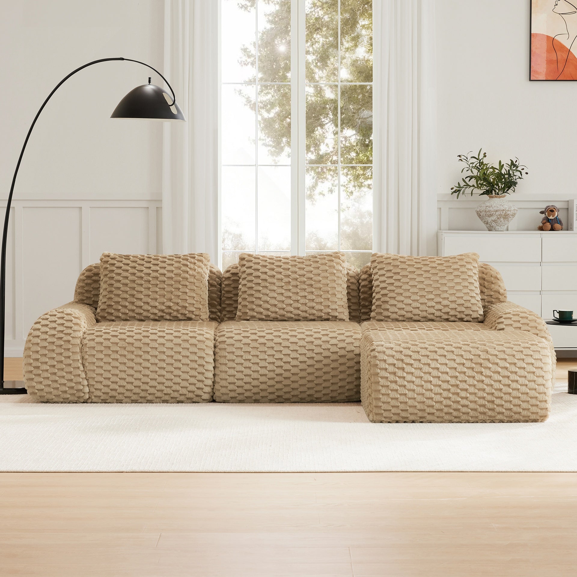 114" Modern L-Shaped Modular Sectional Sofa for Living Room,Flannelette Fabric,Oversized 3-Seater Couch,boneless sofa ,Movable Ottoman,Buckle connection,Anti-slip Design,No Assembly,Light Camel