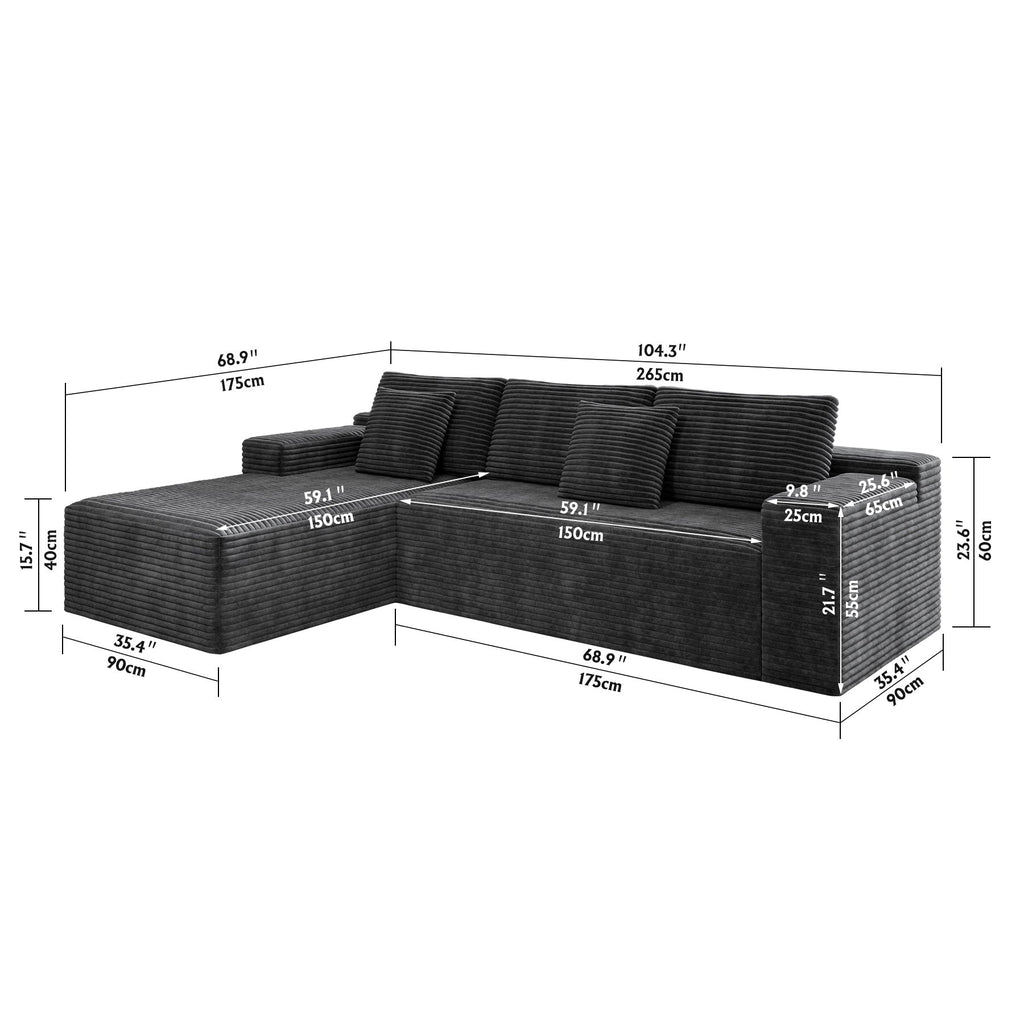 104.3*68.9"Modular sectional sofa seat,Upholstered compressed couch for living room,Bedroom,Apartment,No assembly required,2PC free combination,Plush corduroy fabric,GREY