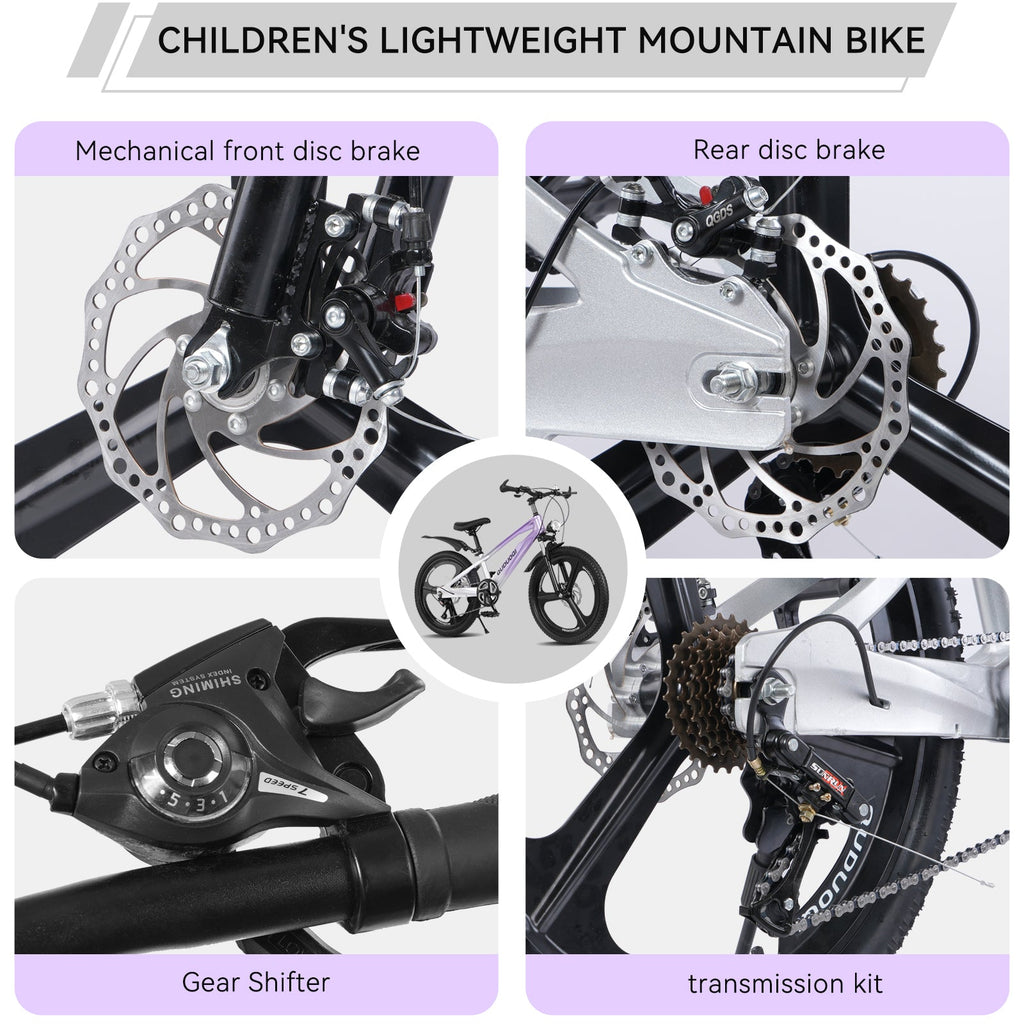FKZNPJ 20 Inch Kids Mountain Bike, 7-Speed Youth Bicycle with Magnesium Alloy Frame & One-Piece Wheels, Lightweight Kids Bike for Boys and Girls Ages 8–12