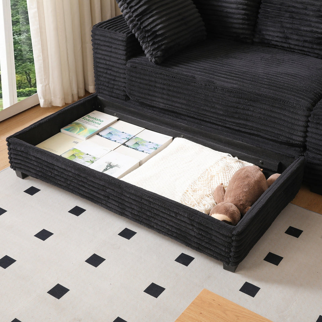 108.6" Sectional Sofa, Thickened Corduroy Sectional Couches For Living Room,comfortable L-shaped Chaise Sectional Sofa With Storage Ottoman,Eight Throw Pillows,Black