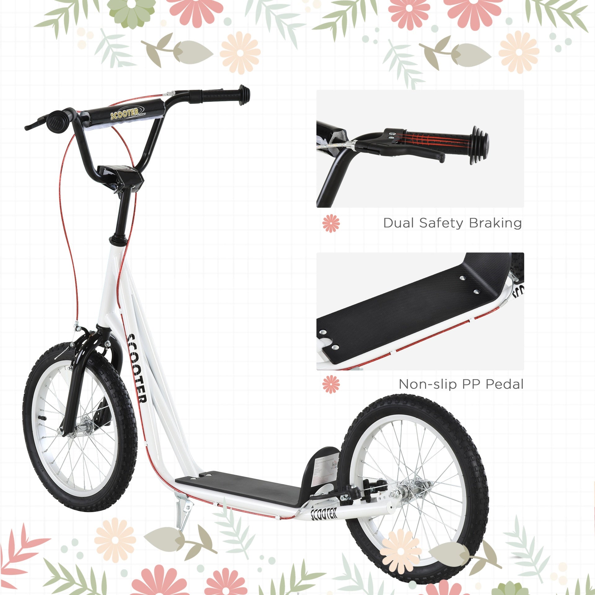 Aosom Youth Scooter Kick Scooter for Kids 5+ with Adjustable Handlebar 16" Front and Rear Dual Brakes Inflatable Wheels, White