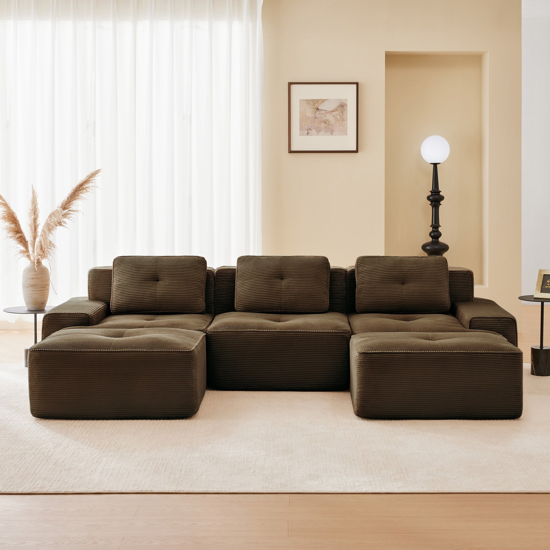 117" Modern U-Shaped Modular Sectional Sofa for Living Room, Corduroy Fabric, 3-Seater Couch with Deep Seat and Movable Ottoman,Pearl-like piping, Tufted Design,No Assembly, Anti-slip Design,Brown