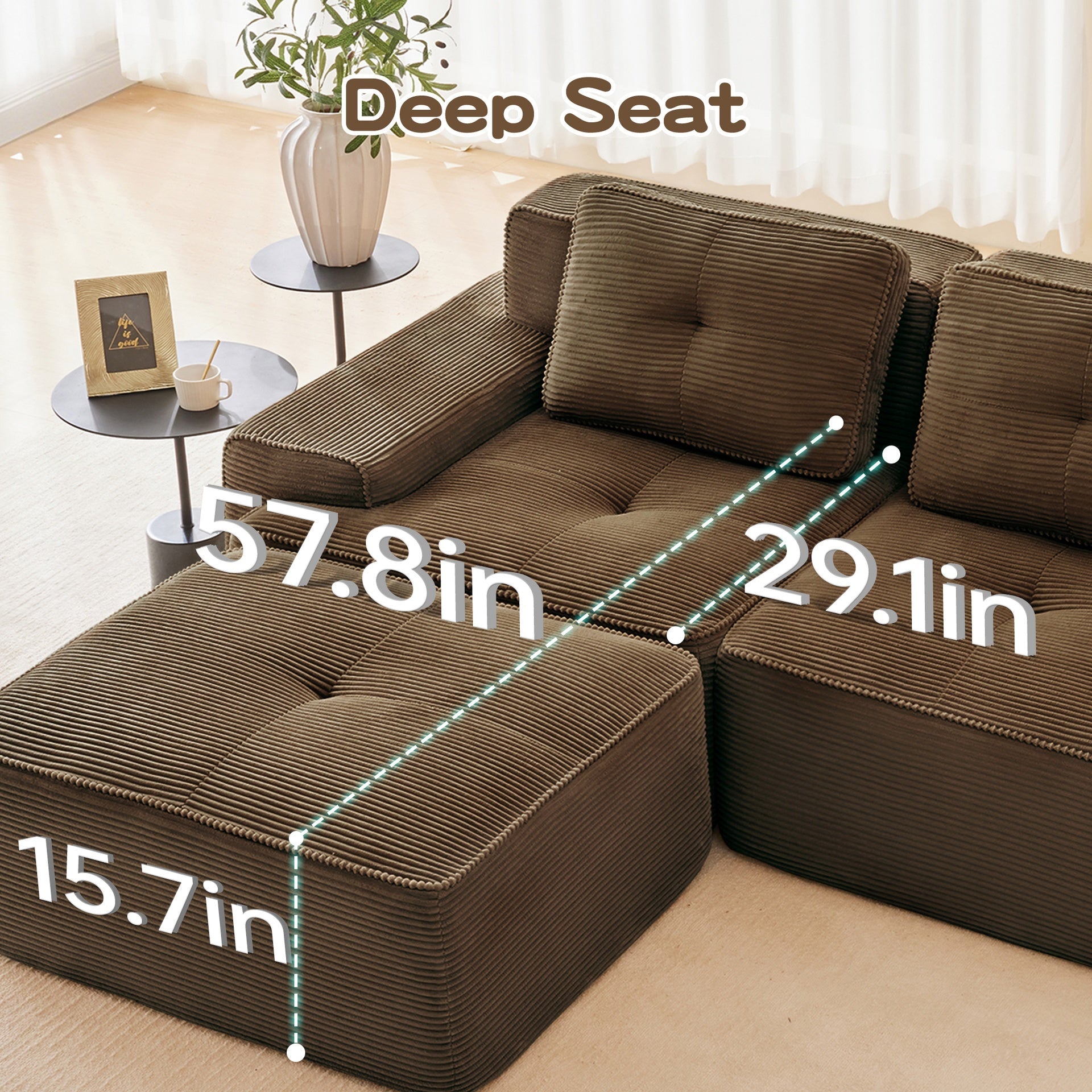 117" Modern U-Shaped Modular Sectional Sofa for Living Room, Corduroy Fabric, 3-Seater Couch with Deep Seat and Movable Ottoman,Pearl-like piping, Tufted Design,No Assembly, Anti-slip Design,Brown