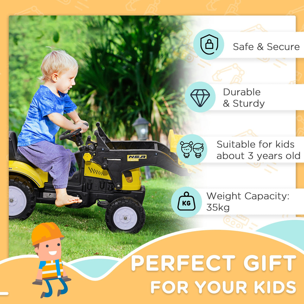 Aosom Kids Manual Pedal Ride-On Excavator with Front Loader Digger, Ride-On Tractor for 3 Year Old, Yellow