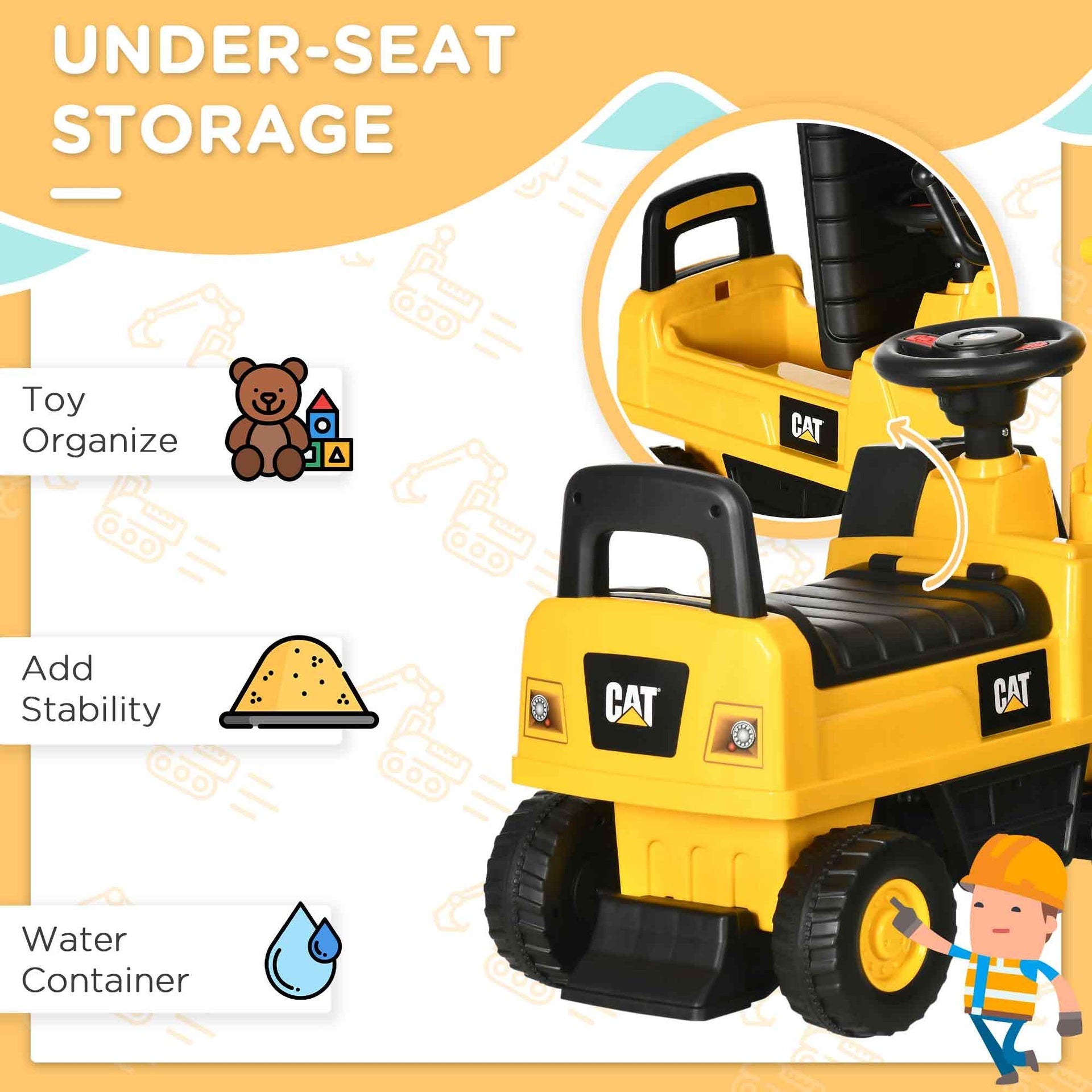 Aosom Excavator Ride on Toy, CAT Licensed Kids Manual Pedal Ride on Excavator with Manual Shovel, Horn, Hidden Storage for 18-36 Months Boys and Girls, Yellow