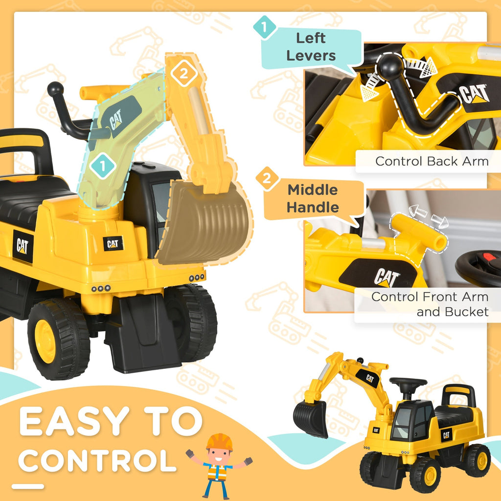 Aosom Excavator Ride on Toy, CAT Licensed Kids Manual Pedal Ride on Excavator with Manual Shovel, Horn, Hidden Storage for 18-36 Months Boys and Girls, Yellow