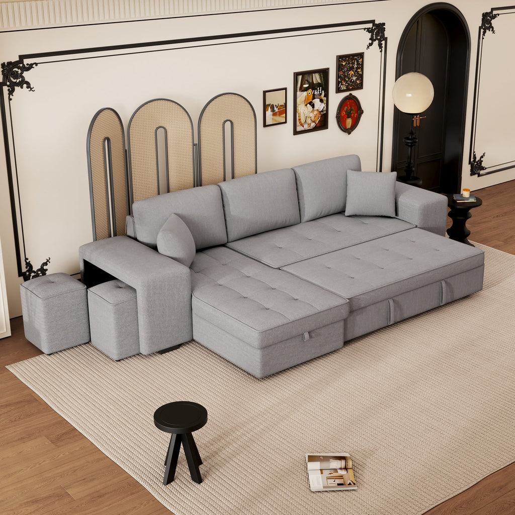 104.5" Pull Out Sleeper Sofa Reversible L-Shape 3 Seat Sectional Couch with Storage Chaise and 2 Stools for Living Room Furniture Set,Gray