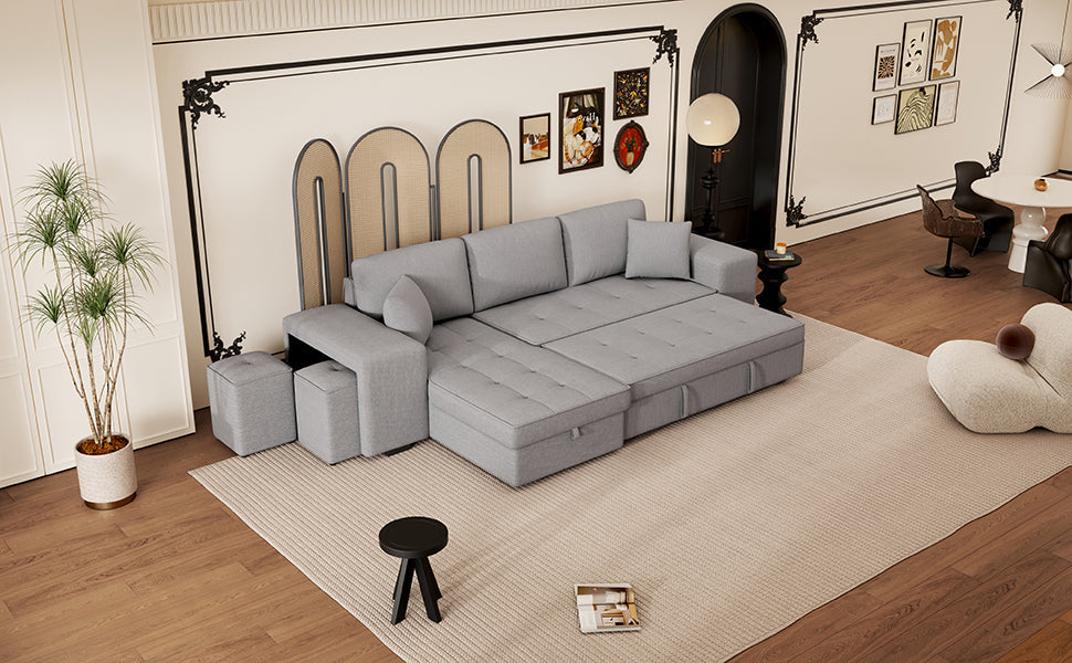 104.5" Pull Out Sleeper Sofa Reversible L-Shape 3 Seat Sectional Couch with Storage Chaise and 2 Stools for Living Room Furniture Set,Gray