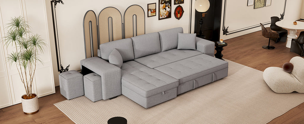 104.5" Pull Out Sleeper Sofa Reversible L-Shape 3 Seat Sectional Couch with Storage Chaise and 2 Stools for Living Room Furniture Set,Gray