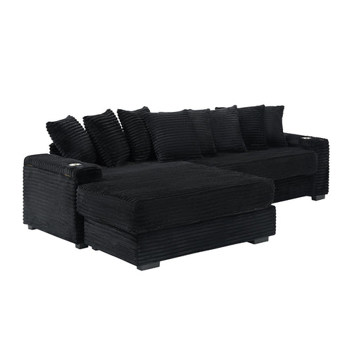 111.4 " Black corduroy sofa, armrest with cup holder and storage function, recliner can be changed left and right, suitable for living room bedroom lounge area
