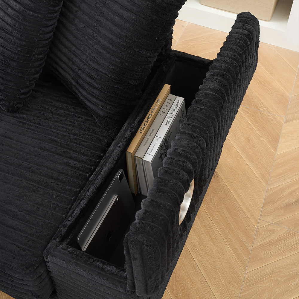 111.4 " Black corduroy sofa, armrest with cup holder and storage function, recliner can be changed left and right, suitable for living room bedroom lounge area