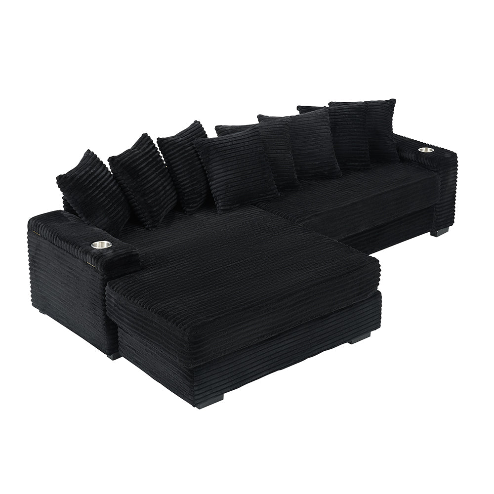 111.4 " Black corduroy sofa, armrest with cup holder and storage function, recliner can be changed left and right, suitable for living room bedroom lounge area