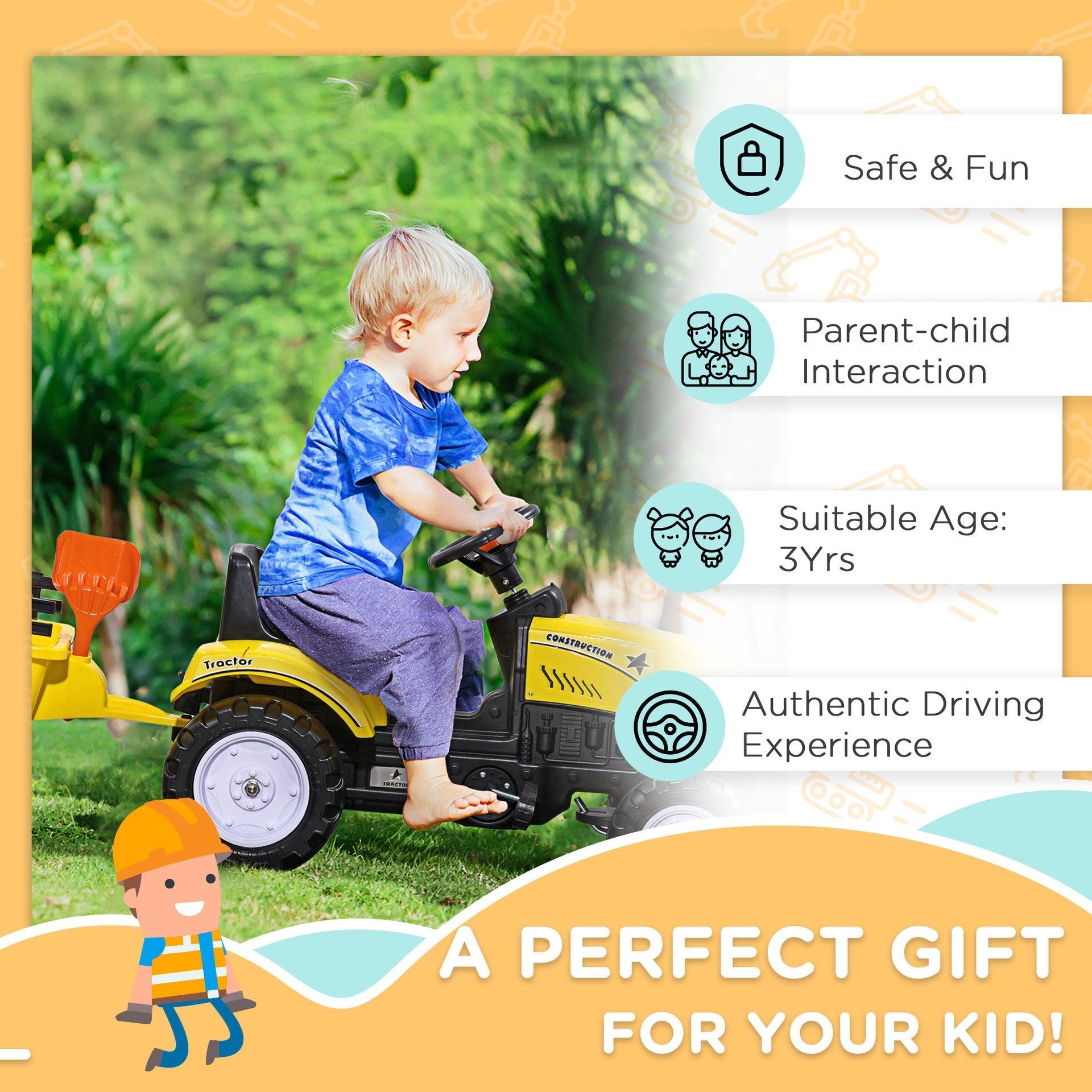 Aosom Kids Ride on Farm Tractor, Manual Pedal Ride on Car with Back Storage Trailer, Shovel & Rake, Horn for Age 3 Years Old, Yellow